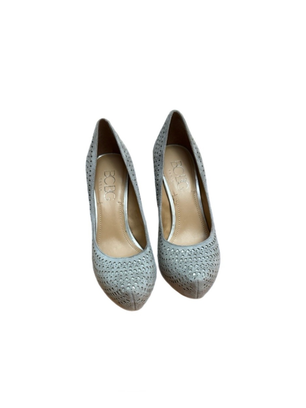 BCBG Gray Perforated Pointed-Toe Heels